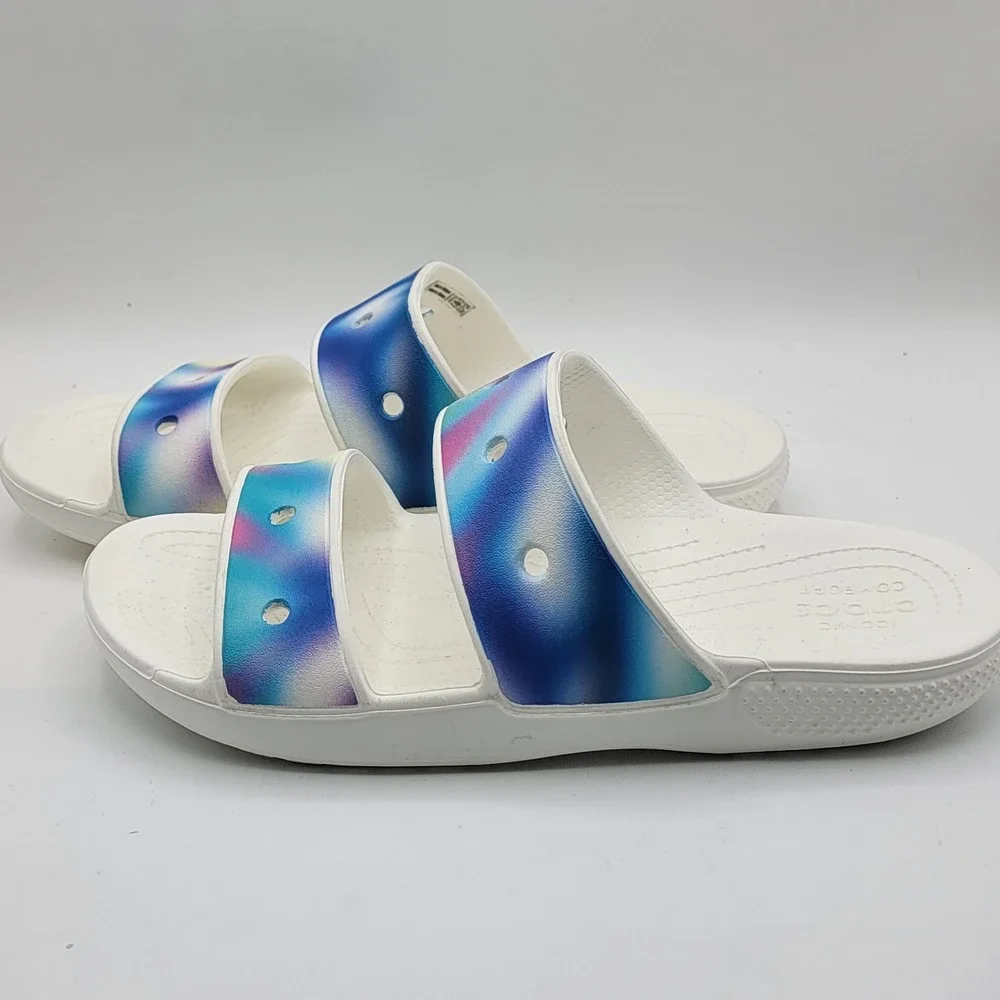 Crocs Classic Sandal White Multi Solarized Spray Double Strap Womens 10